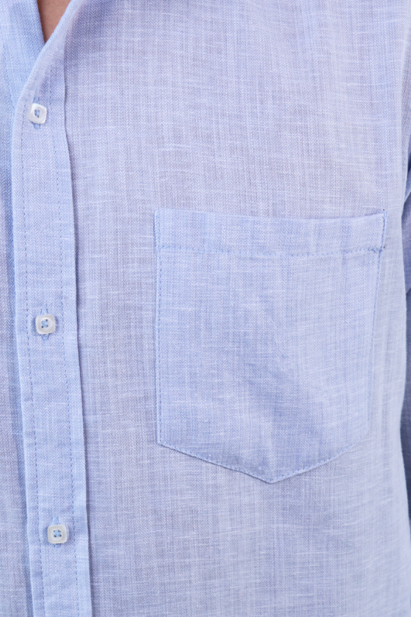 Camisa Manga Larga Azul Slim Fit Cuello Mao Textura Lino Para Hombre